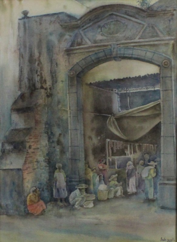 Leon Zurita (20th Century) Mexican: MARKETPLACE, 1983, watercolor on paper, signed and dated lower right, sight 28 x 20 ”, framed with glass, in apparently good studio condition.