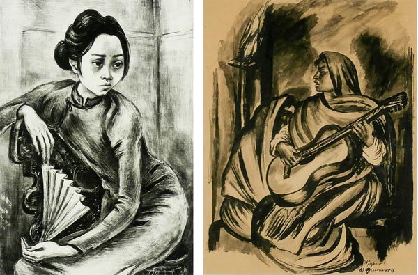 Marion Greenwood (1909-1970) New York/ New Mexico (two): WOMAN WITH GUITAR, MEXICO, watercolor on paper, signed and inscribed Mexico lower right, sight 13 ½ x 10 ½”ASIAN WOMAN WITH FAN, lithograph, signed in pencil, image 12 ¼ x 8 ¾”, full margins, 