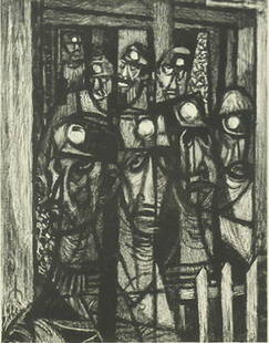 Richard Haines (1906-1984) Californian: MINERS, 1948, lithograph, signed and dated in pencil, numbered 34/53, image 12 ¾ x 9 ¾”, full margins, printed by Kistler with blind stamp lower right, framed with glass, in apparently good condit