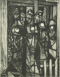 Richard Haines (1906-1984) Californian: MINERS, 1948, lithograph, signed and dated in pencil, numbered 34/53, image 12 ¾ x 9 ¾”, full margins, printed by Kistler with blind stamp lower right, framed with glass, in apparently good