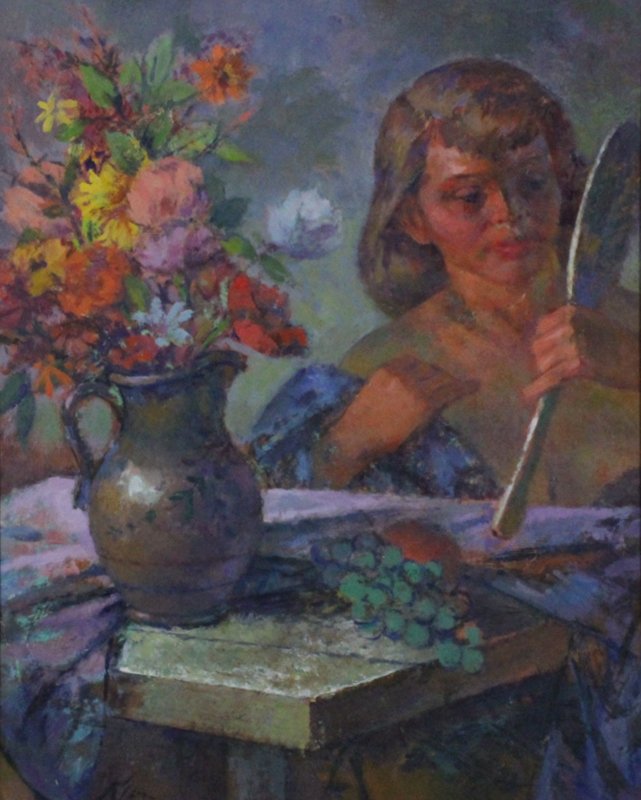 Sandor Klein (1912-1995) New York/ Californian: GIRL AT TABLE WITH HAND-MIRROR, oil painting on Masonite, signed lower left, 20 x 16”, in good studio condition. Provenance: Acquired directly from the artist by the present owner. Klein won the Pul