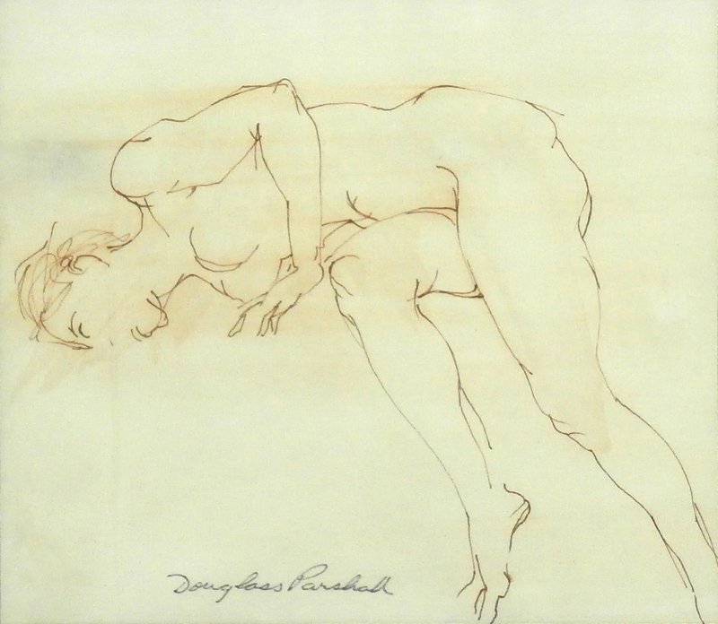 Douglas Parshall (1899-1990) New York: RESTING NUDE, ink and wash on paper, signed lower center, 6 x 7”, framed with glass, in apparently good studio condition. Provenance: Maureen Murphy Fine Art, Montecito, Californian.