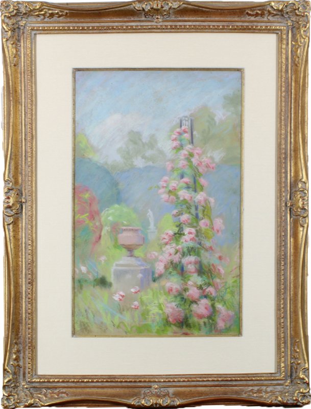 Fannie Duvall (1859-1934) French/ Californian: PARIS GARDEN, 1917, color pastel on paper, signed lower right, sight 19 x 12”, in ornate frame, in good studio condition.
