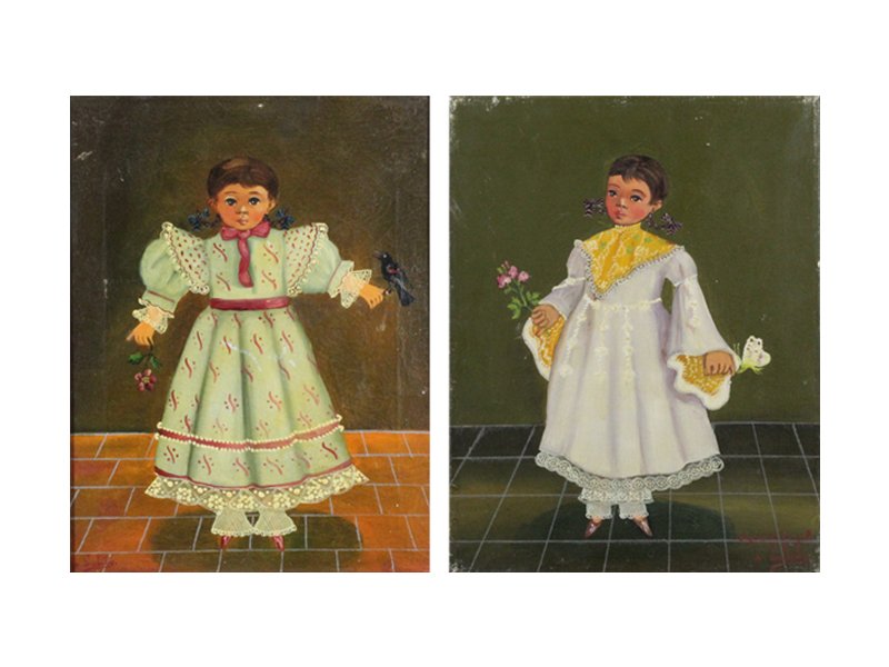Agapito Labios (1898-1996) Mexican (two): LAS NINAS, pair of oil paintings, signed lower right or lower left, each 16 ½ x 12 ½”, one framed, both with small scuffs and abrasions and faint stretcher bar impressions, framed one with hairlin