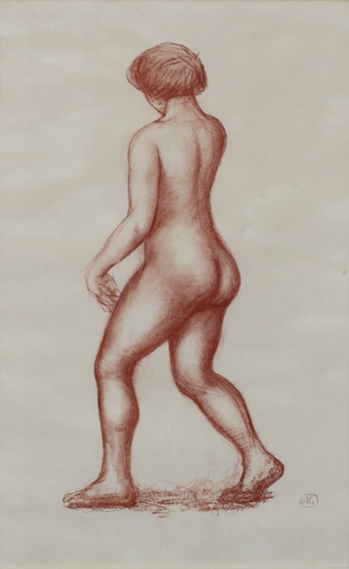 Aristide Maillol (1861-1944) French: WALKING NUDE, color lithograph, stone signed in the monogram lower right, sight 17 ¼ x 10 ¾”, framed with glass, some soft handling creases, extremely pale discoloration possibly natural to the pa