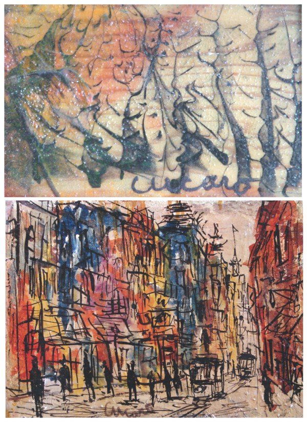 Pascal Cucaro (b. 1915) American (two): SAN FRANCISCO STREET SCENE, oil painting on board, 12 x 16", signed lower center, natural aging of lacquer; Together with UNTITLED, oil painting on panel, 4 x 6", signed, natural aging of lacquer. (2)
