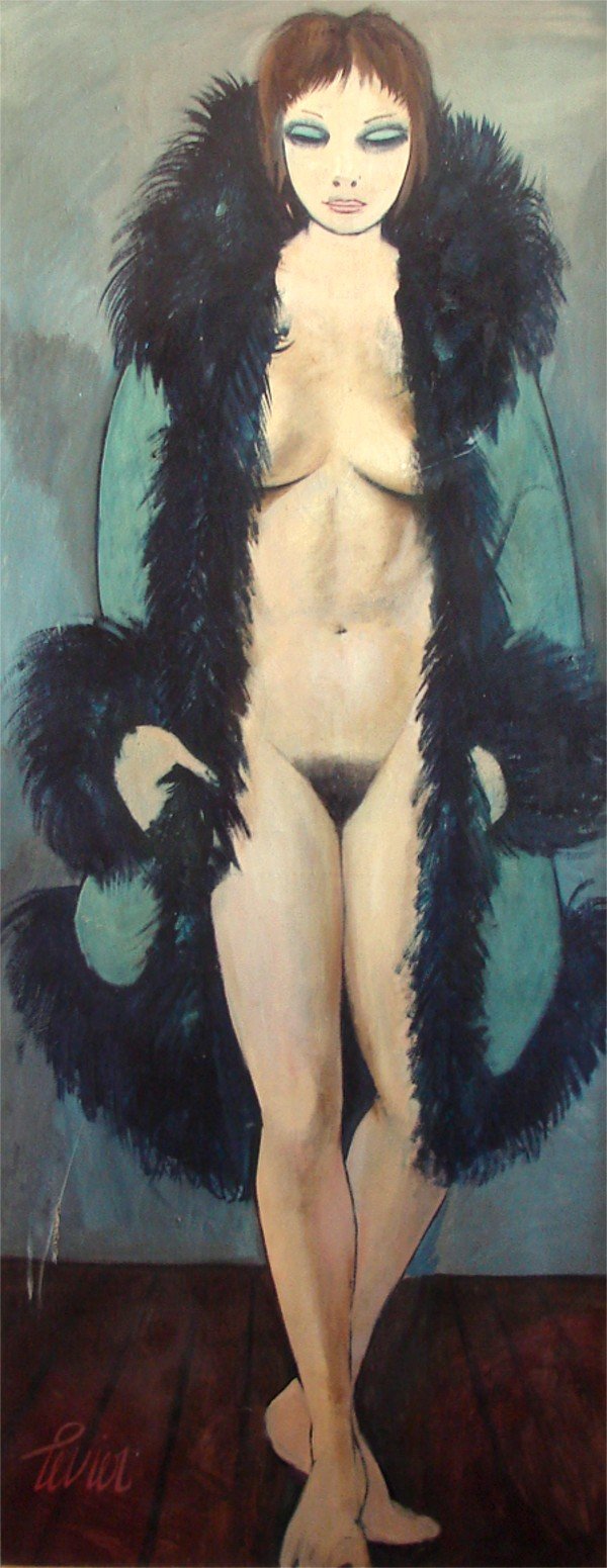 Charles Levier (1920-2004) American: STANDING NUDE, oil painting on canvas, 60 x 24", signed lower left, framed, 2" tear lower center left, another ½" tear upper center, previous repairs visible on verso, scuffs upper area, mid-section