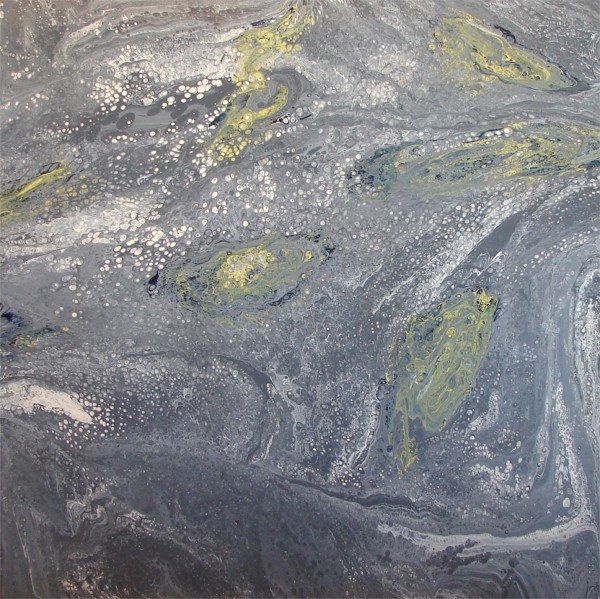 Richard Mann (20th Century) American: UNTITLED, enamel painting on Masonite, 36 x 36", signed lower center, cracks upper right edge, perimeter chips lower left and right corners, nick lower left center, reattached ½" edge piece, otherwis