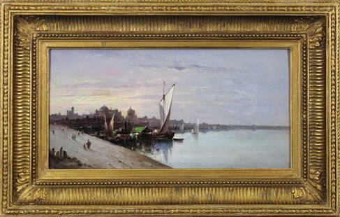 Artist Unidentified (19th/ 20th Century): BOATS IN THE BAY, oil painting on wood panel, signed lower left, 8 x 16”, in handsome gold frame, some craquelure and contractions, minor surface soiling, otherwise in good studio condition.