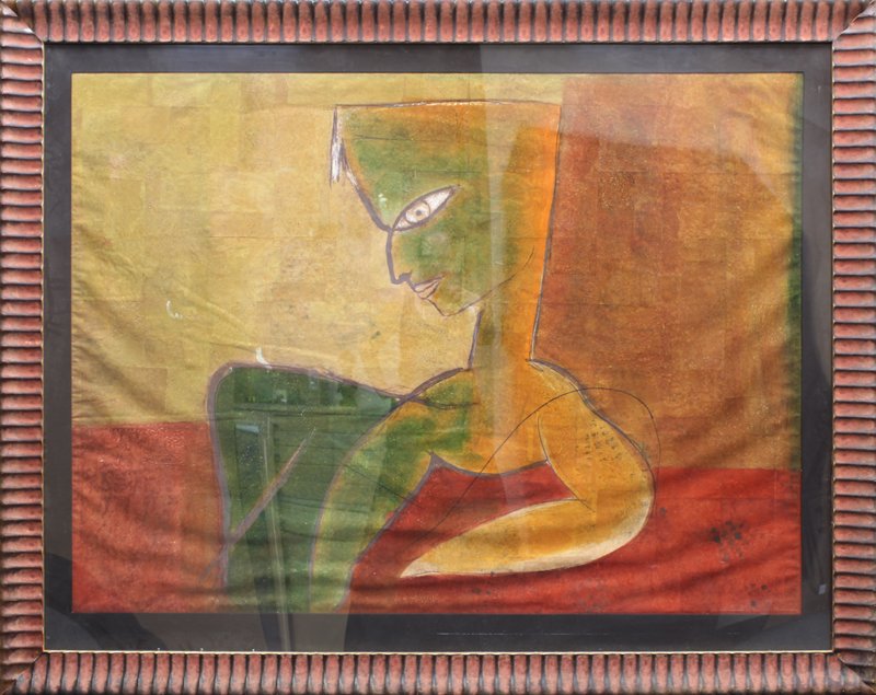 Jamali (b. 1944) India: WOMAN ON GREEN SOFA, #97, acrylic painting on cork sheets mounted to silk, sheet 46 ½ x 63 ¾”, with Velcro around perimeter, framed, mild tideline staining and some pigment discoloration on silk b