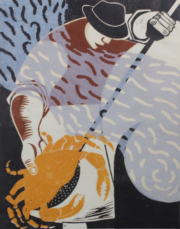 Emma Lou Packard (1914-1998) Californian: COOKIN CRABS, color woodblock print, signed and titled in pencil, image 18 x 14”, full margins, some crinkles, small tears and stains in margins, otherwise in good condition.