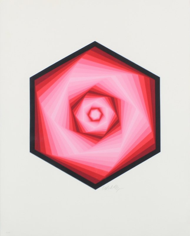 Victor Vasarely (1906-1997) Hungarian: UNTITLED RED, colors screenprint, signed in pencil, numbered 77/300, sheet 22 x 17”, linen hinges on verso, otherwise in good condition.