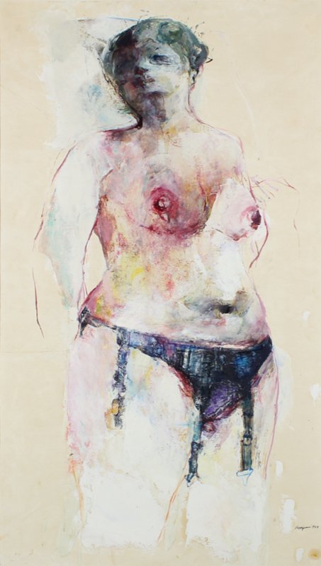 Renzo Vespignani (1924-2001) Italian: STANDING NUDE, 1958, oil painting on board, signed and dated lower right, 39 x 21”, framed, surface soiling, smudges, natural oil saturation, otherwise in apparently good studio condition.