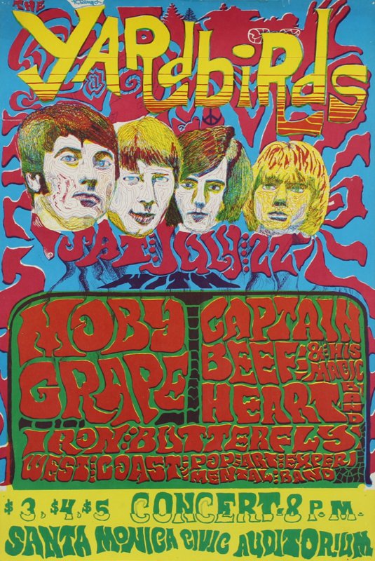 1960’s Psychedelic Rock n Roll poster:: Anonymous, AOR 3.49, 1967, R. Tolmach, Yardbirds, Moby Grape, Captain Beefheart, Iron Butterfly, Santa Monica Civic Auditorium, 22 ½ x 14 ¾”.
