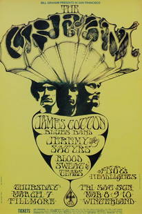 1960’s Psychedelic Rock n Roll poster:: Bill Graham, BG-110, 1968, Stanley Mouse, Cream, James Cotton Blues Band, Jeremy & The Satyrs, Blood, Sweat & Tears, Fillmore Auditorium/ Winterland, 21 x 14”.