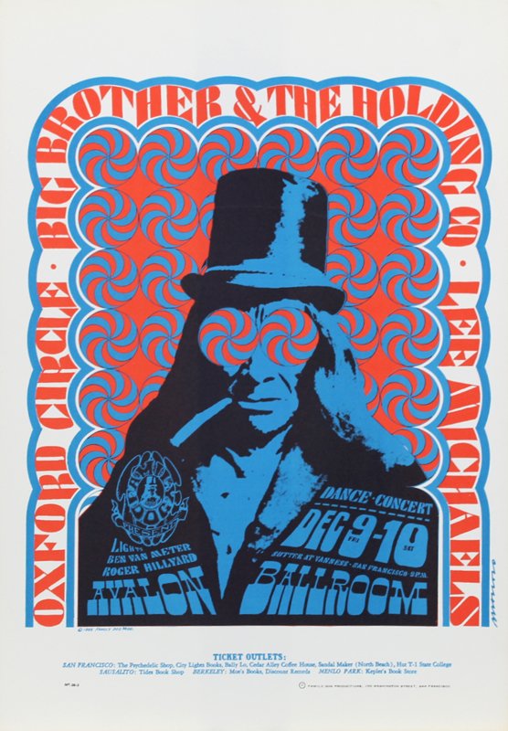 1960’s Psychedelic Rock n Roll poster:: Family Dog, FD-38-3, 1966, Victor Moscoso, Big Brother and The Holding Company, Oxford Circle, Lee Michaels, Avalon Ballroom, 20 3/8 x 14”.