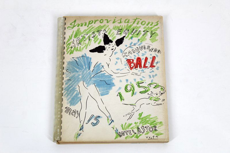 1953 Masquerade Ball book: New York: Artists Equity Fund, Inc., Masquerade Ball, 1953, first edition, 73 color lithograph leaves artists include Marcel Vertes, Milton Avery, Chaim Gross, Reginald Marsh & others, with plastic co