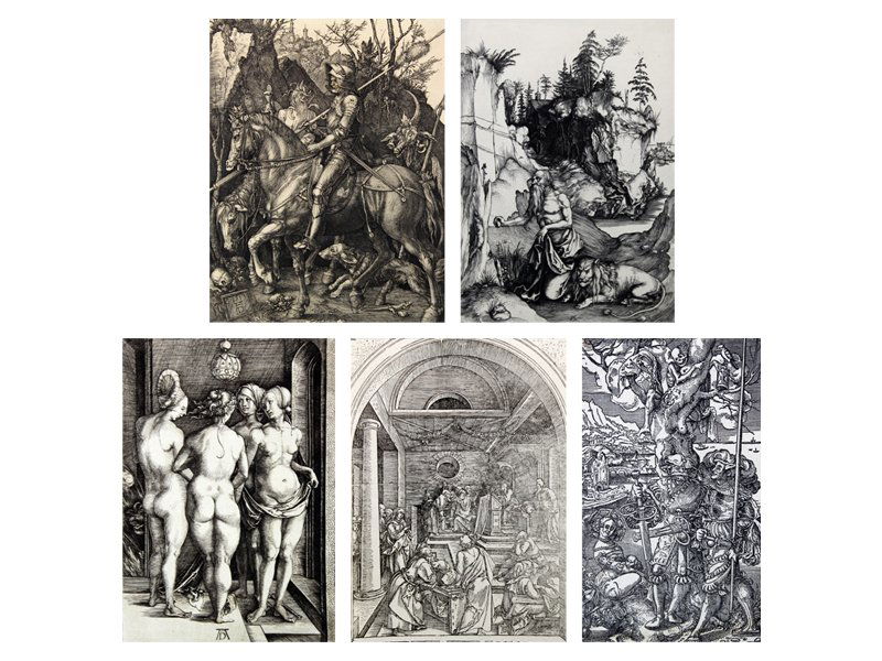 after Albrecht Durer & others (twelve): after Albrecht Durer THE KNIGHT, DEAD & THE DEVIL; SAINT JEMONE PRAYING THE DESERT; FOUR NUDE WOMEN; CHRIST AMOUNG THE DOCTORS, three etching and one woodcut reproductions, the first with the Achenbac