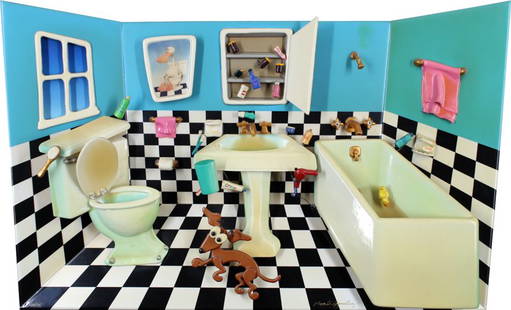 Roark Gourley (b. 1967) Californian: BATHROOM QUAKE, 3-D wood acrylic and resin painting, signed lower right and numbered 166/175 in gold marker, overall 25 ½ x 43 x 5”, some minor yellowing from age, otherwise in apparently good stud