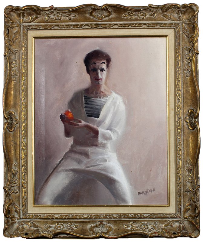 William Harnden (1920-1983) American: MARCEL MARCEAU, oil painting on canvas, signed lower right, 20 x 16”, framed, minor surface soiling, in good studio condition.