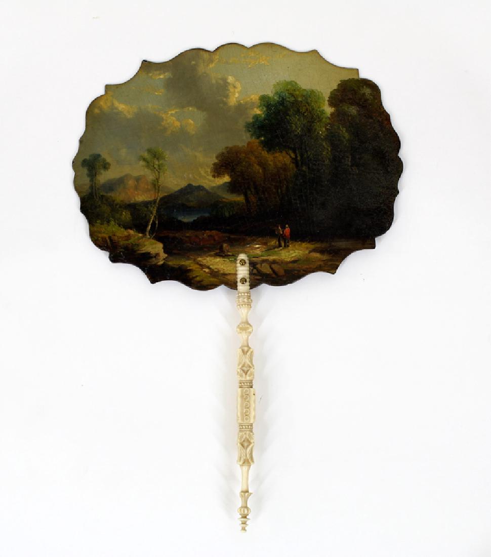 Antique Hand-Fan (19th Century): Decorative shaped with landscape painting on one side, 15 x 10 ¼”, with carved white handle, some craquelure and hazing, a few minor edge chips, otherwise in good used aged condition.