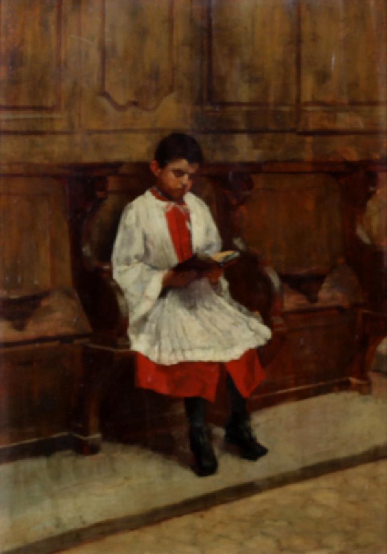 Leon Jean Charpentier (1855-1911) French: ALTER BOY, 1889, oil painting on panel, signed lower right, 12 ¾ x 9”, framed, minor surface soiling, otherwise in good studio condition.
