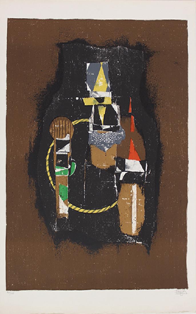 Johnny Friedlaender (1912-1992) German: UNTITLED, color lithograph, signed in pencil, numbered 47/150, image 30 x 22”, sheet 34 ½ x 24”, creases and soft handling creases, mild curling from being rolled, some extremely pale discolorati