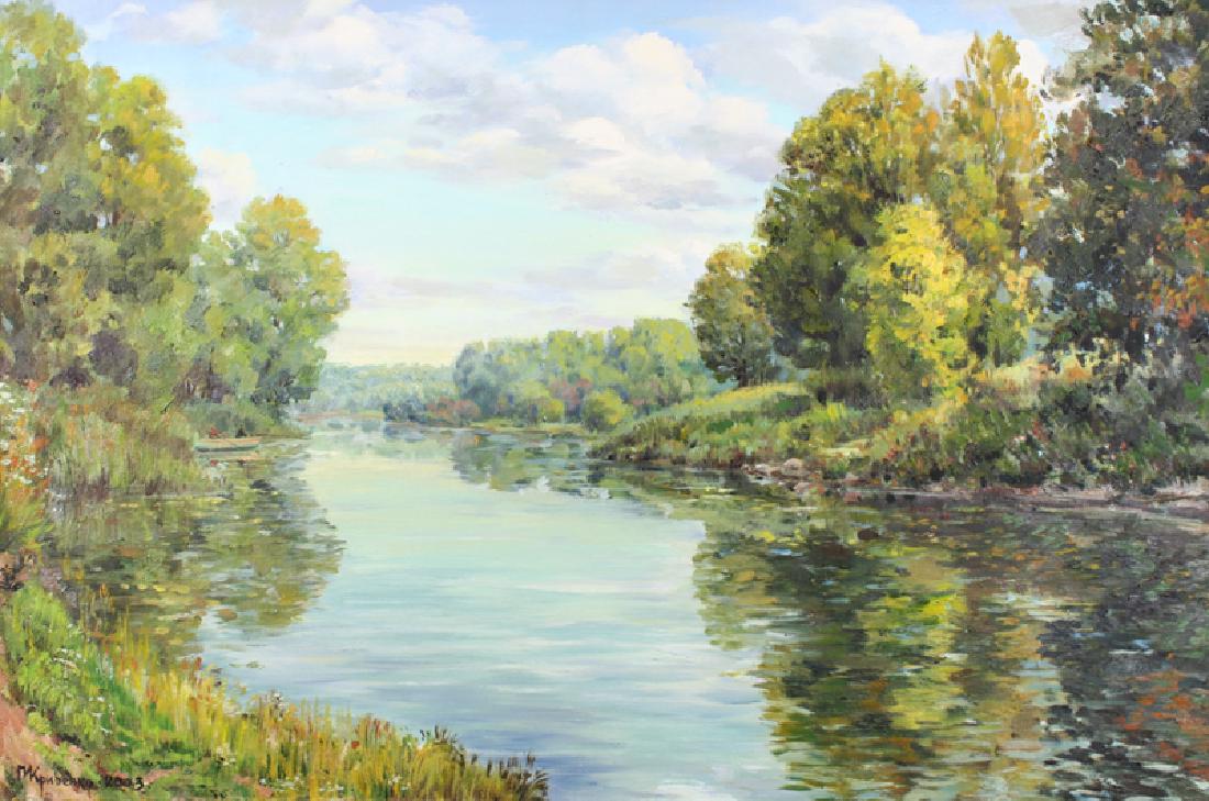 Russian Artist (20th/ 21st Century) Russian: TREES CLOSE TO WATER, 2003, oil painting on burlap, signed Krevenko? and dated lower left, signed and dated and titled on verso, 29 ¾ x 44 ¾”, framed, in good studio condition.