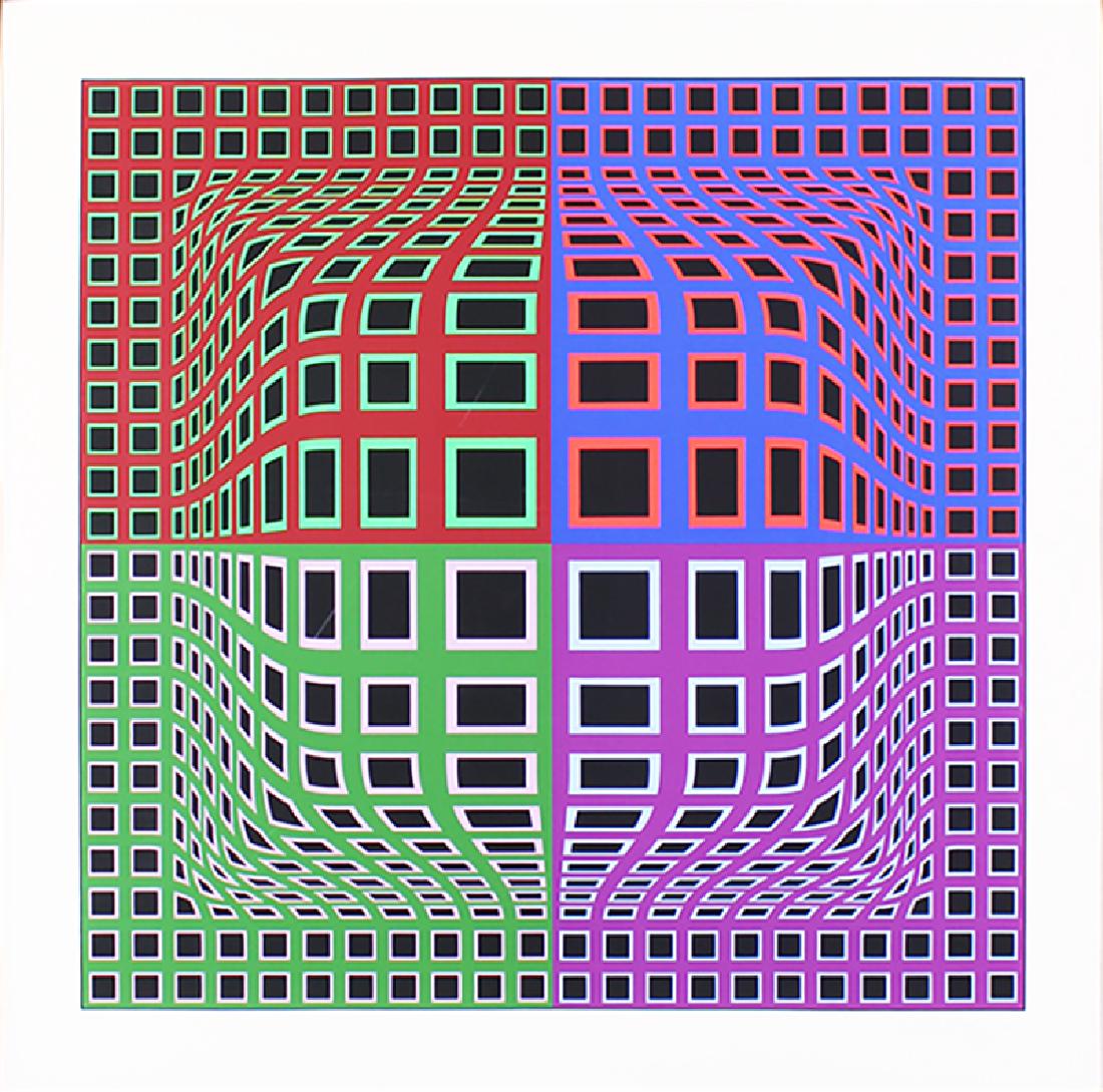 Victor Vasarely (1906-1997) Hungarian: SINPO, color screenprint, signed in pencil, numbered 242/275, image 23 ½ x 23 ½”, full margins, Martin Lawrence Editions label on back, framed, in apparently good condition.
