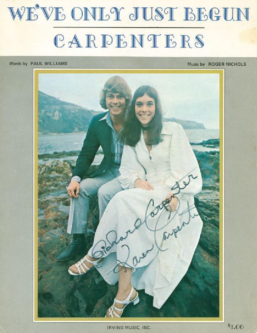 Carpenters, The - Sheet music for "We've Only Just: Sheet music for "We've Only Just Begun", signed on the front cover in black felt tip, 'Richard Carpenter' and 'Karen Carpenter', scattered light toning, 28.1 x 21.7cm