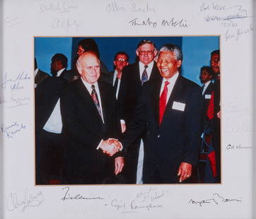 Mandela, Nelson & Others - Photograph of South African: Colour photograph of Nelson Mandela and Frederik Willem de Klerk while shaking hands, signed by Mandela, De Klerk and other South-African activists and politicians including Helen Suzman, Cyril Ramaph