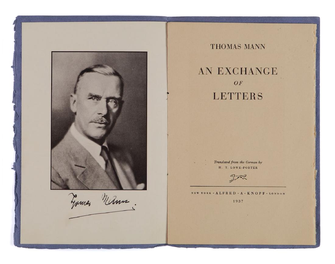 Thomas (Mann) - An Exchange of Letters: First Edition, signed beneath a paperweight portrait of Mann in black fountian pen, blue gray soft covers, uneven edges, light toning, 8vo , Alfred A. Knopf, 1937