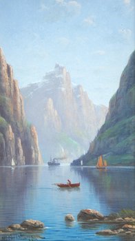 Christiansen (N.H.) Scandinavian fjords: Christiansen (Nils Hans, 1850-1922) a pair of Scandinavian fjord landscapes,with fishing boats and one with a steamship, oils on board, each c.425 x 240mm., both signed below, in matching peri