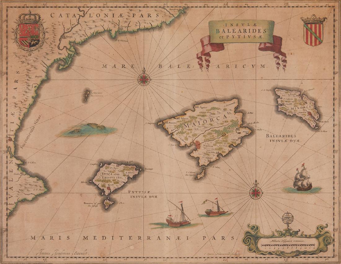 Jansson (Jan) - Insulæ Balearides et Pytiusæ,: Majorca, Minorca, Ibiza and the southern coast of Spain, title banderole upper right, compass rose, ships and sea monsters, engraved map with hand-colouring, 390 x 505 mm., central vertical fold with 