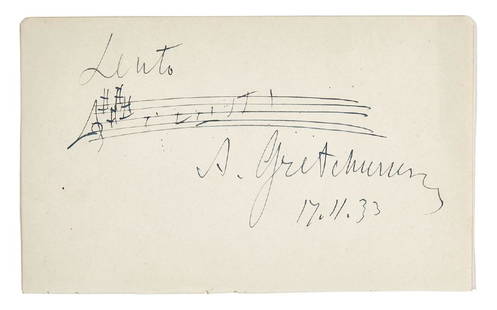 Gretchaninov, Alexander - Autograph music quotation: Autograph music quotation signed ('A. Gretchaninov') from an unidentified work, marked Lento in his hand, oblong 8vo page removed from an autograph album , 17 November 1933.