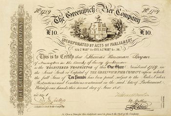 Great Britain: Great Britain, Greenwich Pier Co., certificate No.1759 for one share,1840, very ornate design, large coat of arms at centre with ships in background, black, very fine.(1)