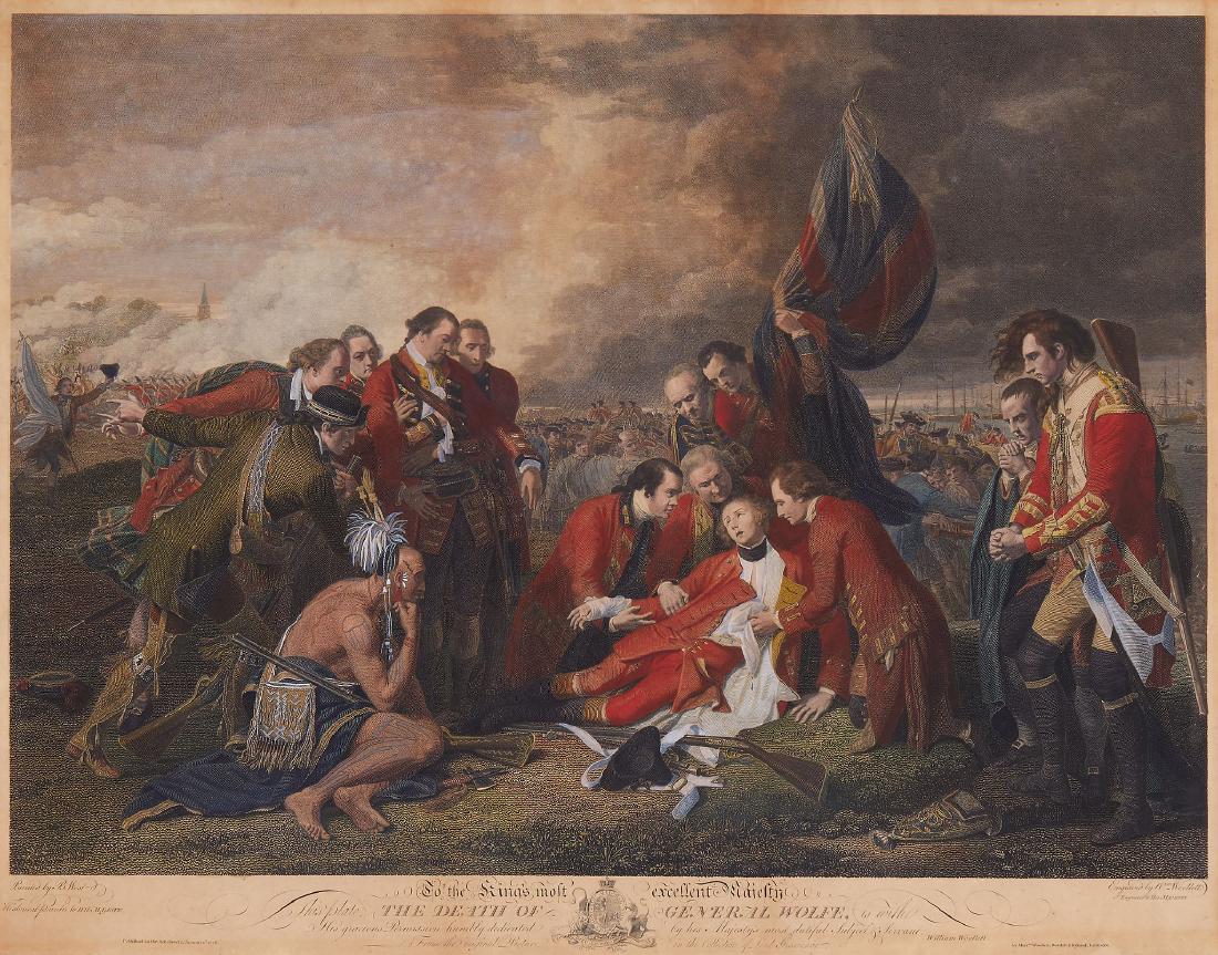 Woollett (William) - The Death of General Wolfe,: after Benjamin West, engraving with hand-colouring, 480 x 610mm., mounted on board support, some browning and dampstaining, framed and glazed, Woollett, Boydell and Ryland, 1768.