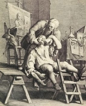 Volpato (Giovanni) A Travelling Dentist: -. Volpato (Giovanni) A Travelling Dentist,after Francesco Maggiotto, the dentist wrestles with a patient on a stage, a chest full of potions open on a table, a monkey on a chair plays with a