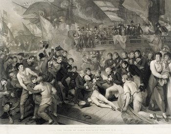 Heath (James) Death of Lord Viscount Nelson: Heath (James) The Death of Lord Viscount Nelson, K.B., after Benjamin West P.R.A., depicting NelsonÕs fall on deck, in the thick of battle, engraving, 495 x 630mm., publishersÕ blindstamp, low