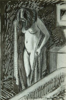 John Buckland-wright, girl in a towel: John Buckland-Wright (1897-1954) girl standing with towel, 1948brush and ink with graphite recto, nude drying her hair verso black chalk, on grey/blue paper, signed and dated recto, with the e