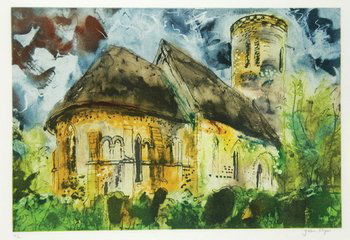 John Piper (1903-1992) hales, norfolk (l.412): John Piper (1903-1992) hales, norfolk (l.412)etching with aquatint printed in colours, 1989, signed in pencil, on wove paper, with full margins, in good condition, 400 x 585mm.