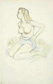 John Buckland-Wright (1897-1954) untitled, 1950: John Buckland-Wright (1897-1954) untitled (girl in a field), 1950coloured pencil on paper, dated at lower left 9.10.50, with the estate stamp verso, 14 x 9 in., 35.5 x 22.8 cm. ***A pre