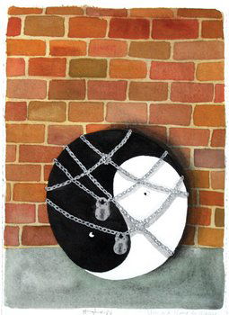 Patrick Hughes (b. 1939) yin and yang in chains,: Patrick Hughes (b. 1939) yin and yang in chains, 1986watercolour on paper, signed and dated at lower middle, titled at lower right, 10½ x 8 in., 26.7 x 20.3 cm.