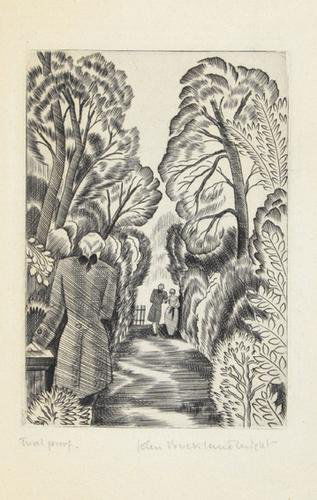 John Buckland-wright, couple on a garden path: John Buckland-wright (1897-1954) couple on a garden path for jungen wertersengraving, 1930, signed and dated in pencil, a trial proof aside from the edition, on wove paper laid on board, with
