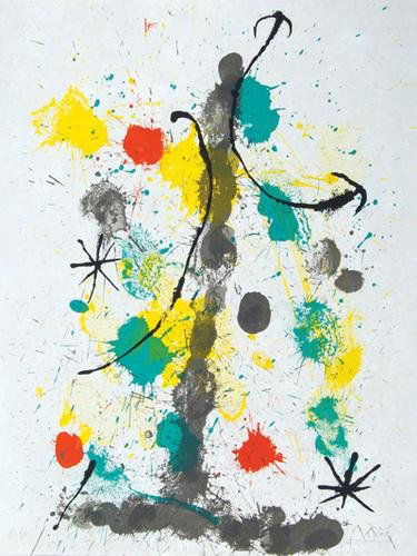 Miró.Quelques fleurs..,1/75,4 orig.col.liths,1964: Miró (Joan) Quelques fleurs pour des amis,Avec un coup d'oeil sur le jardin par Eugène Ionesco, number 30 of 75 copies with 4 original colour lithographs on Japon nacré, from an edition limite