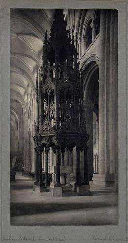 Evans (Frederick H.) Durham Cathedral: Evans (Frederick H.) Durham Cathedral: From Font to East,platinum print, 243 x 122mm., 20mm. repair at top left corner, on grey card mount signed and titled in pencil by Evans within pencil ru