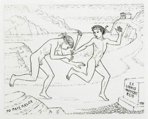 Bookplates.-: Bookplates.-2 engraved bookplates by John Buckland Wright for Anthony Reid (his bibliographer), 5 engraved bookplates by Mark Severin for various people (some erotic) and another colour bookp