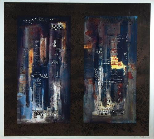 John Piper (1903-1992) two suffolk towers l.237: John Piper (1903-1992) two suffolk towers (l.237)silkscreen printed in colours, 1973, signed in yellow crayon, a proof aside from the edition of 70, printed by Kelpra Studio, London, published