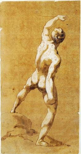 Haydon (B.R.) standing male nude: Haydon (Benjamin Robert, 1786-1846) standing male nude,pen and ink, with ink wash and body white, on laid paper, 240 x 125mm., framed and glazed.