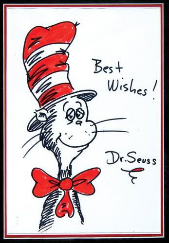 Seuss (Dr.) Cat in the Hat: Seuss (Dr) The Cat in the Hat,head and shoulders portrait, red and black felt tip, signed alongside image, "Best / Wishes! / Dr.Seuss ", approx. 10" x 6_", 250 x 170mm, mounted, n.d.